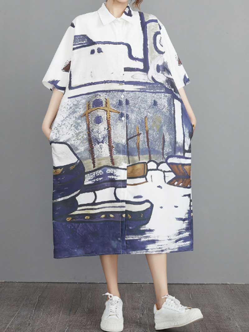  Abstract Art Print Cotton A-Line Shirt Dress