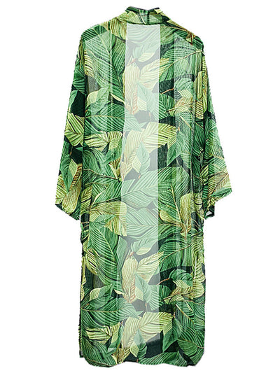 Evatrends cotton gown robe printed kimonos, Outerwear, Polyester, Nightwear, long kimono, long Sleeves, Green, loose fitting, Leaf Print, Belted