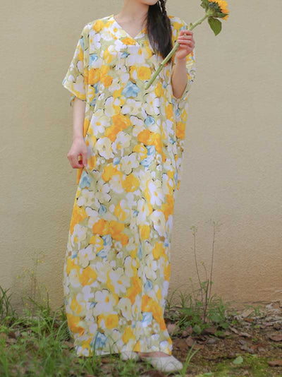 Cotton Yellow Color Floral Print Kaftan Dress