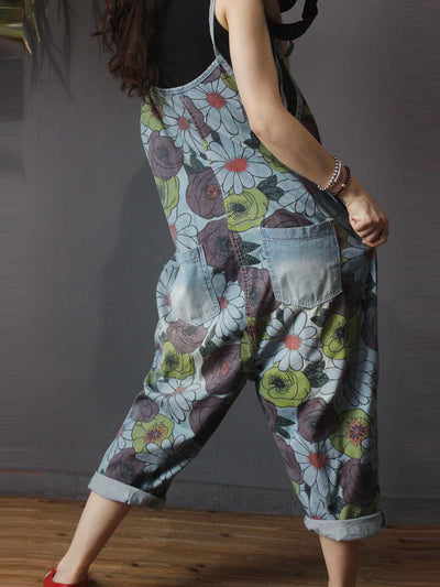 Dungarees, cotton denim, floral, vintage, retro style overall, Side Pockets, Craft Pockets