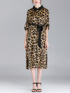 Ivy Vintage Contrasting Lapel Neck Animal Print Buttoned Belted Midi Dress