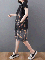 Knee-Length Floral Denim Dungaress - Deep V Bib Design