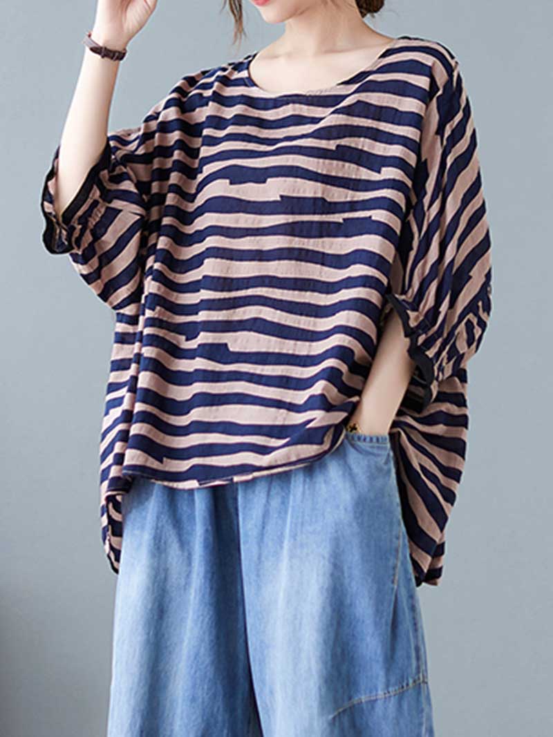 Stripes Print Round-Neck Doll Sleeves Top
