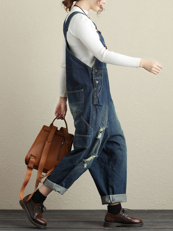 Women ripped denim casual dungarees