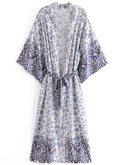 Evatrends cotton gown robe printed kimonos, Outerwear, Cotton, Nightwear, long kimono, long Sleeves, loose fitting, floral print, Belted