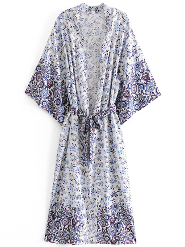 Evatrends cotton gown robe printed kimonos, Outerwear, Cotton, Nightwear, long kimono, long Sleeves, loose fitting, floral print, Belted