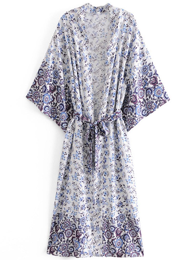 Evatrends cotton gown robe printed kimonos, Outerwear, Cotton, Nightwear, long kimono, long Sleeves, loose fitting, floral print, Belted