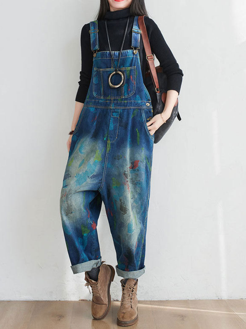 Dungarees cotton denim ripped jeans floral vintage retro style overall