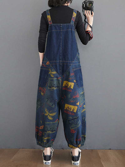 Denim Print Nine-Point Pants High Waist Overalls Dungaree