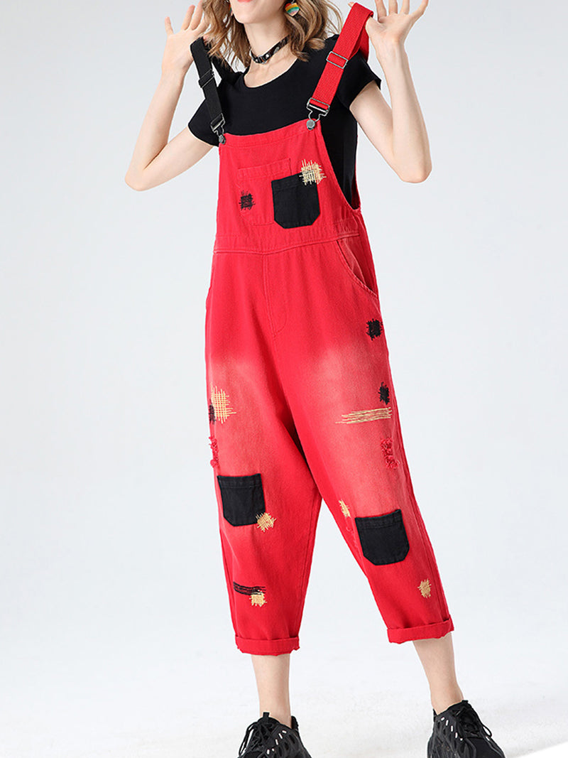 Dungarees cotton denim ripped jeans floral vintage retro style overall