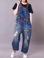 Dungarees cotton denim ripped jeans floral vintage retro style overall