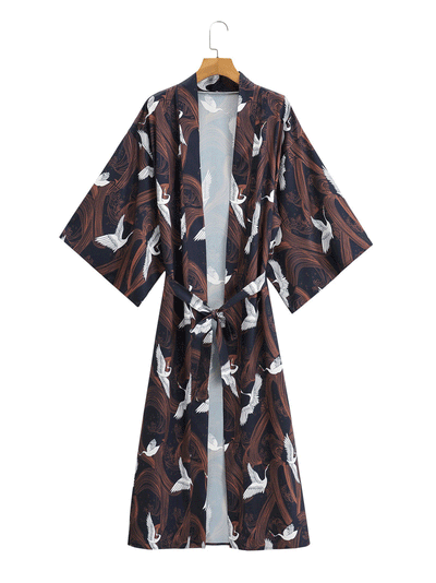 Evatrends cotton gown robe printed kimonos, Outerwear, Polyester, long sleeves, Birds print, Nightwear, long kimono, Board Sleeves, loose fitting, Printed, , belted