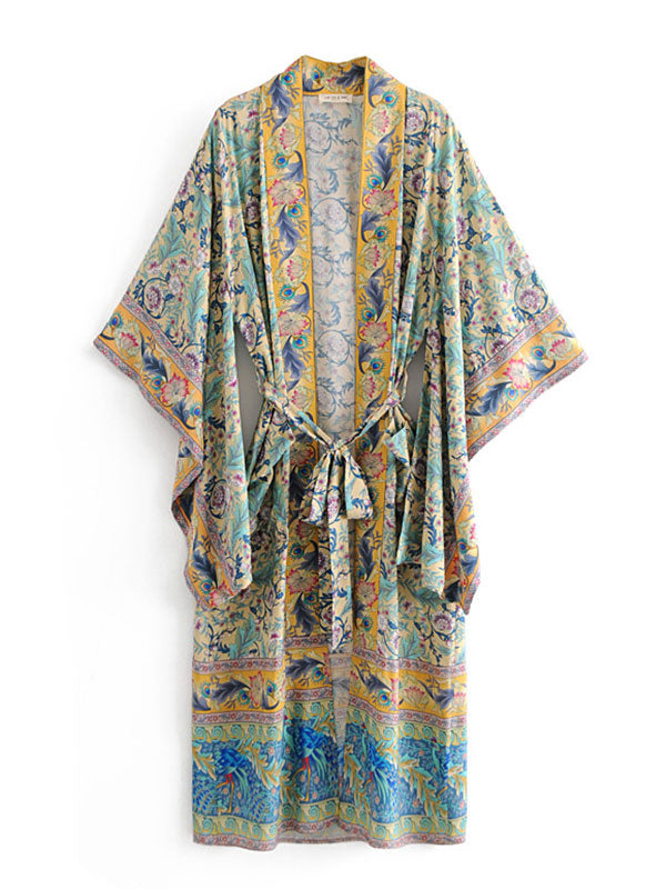 Evatrends cotton gown robe printed kimonos, Outerwear, cotton, Nightwear, long kimono, Board Sleeves, loose fitting, Floral Print with birds print, Belted