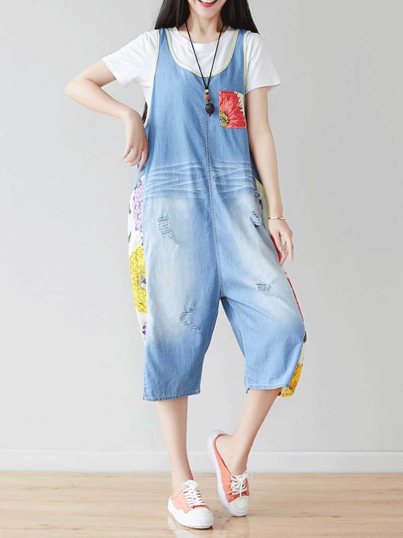 Dungarees cotton denim ripped jeans floral vintage retro style overall