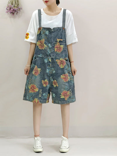 Dungarees cotton denim ripped jeans floral vintage retro style overall
