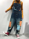 Dungarees cotton denim ripped jeans floral vintage retro style overall, Printed, side and back pockets, ripped