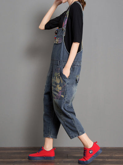 Dungarees, cotton denim, floral vintage, Front and back pockets, retro style overall, Printed