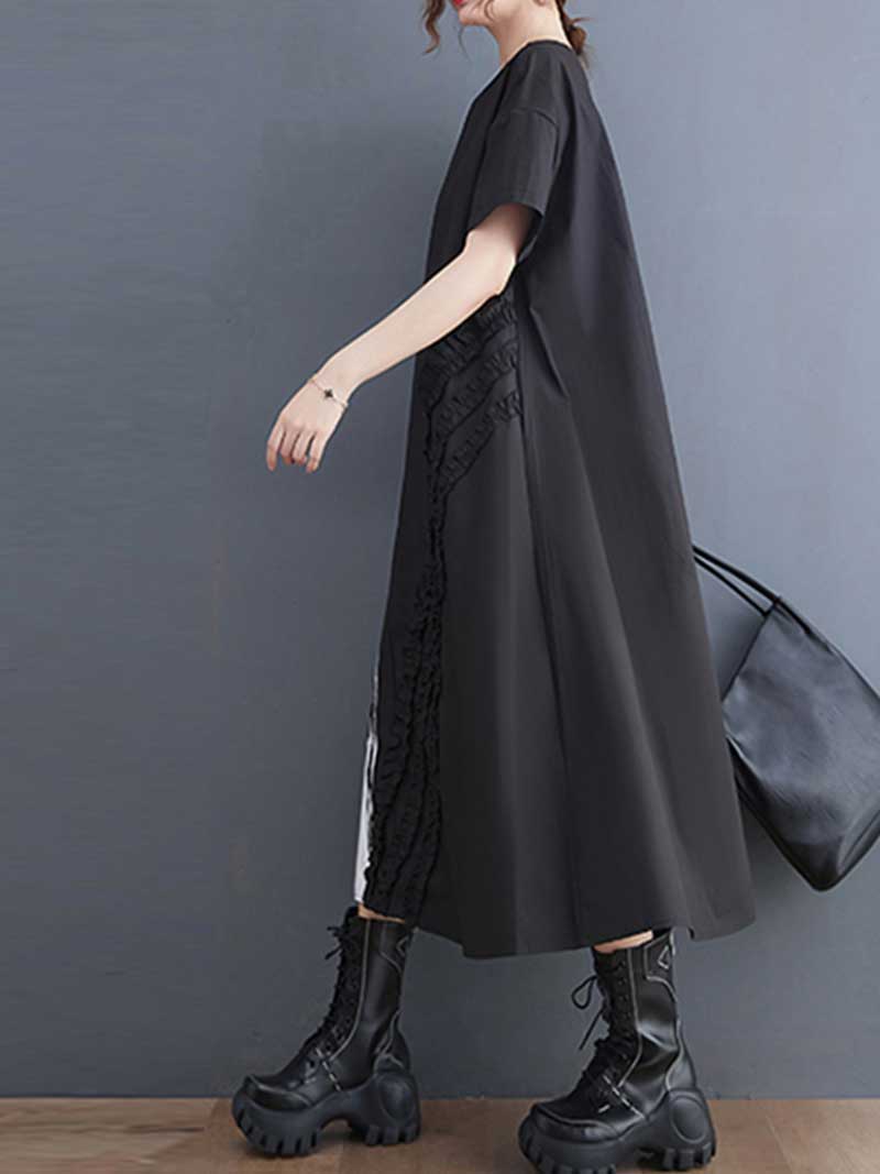 Cotton Short Sleeve Black A-Line Dress