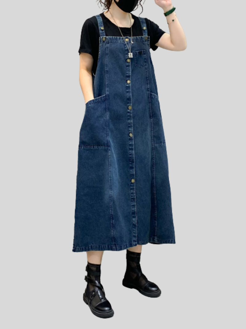 Women's Denim Midi-Length Over-The-Knee Casual Salopette Dress