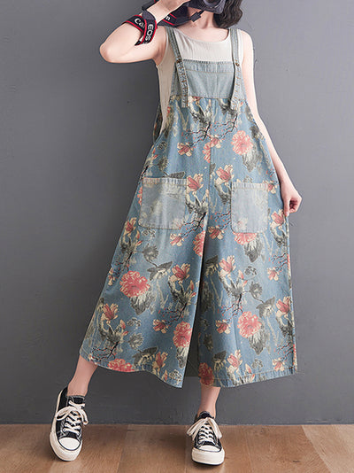 Dungarees cotton denim, Trouser, floral ,vintage retro style overall, double pockets, floral printed