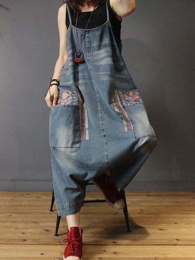 Dungarees cotton denim ripped jeans floral vintage retro style overall