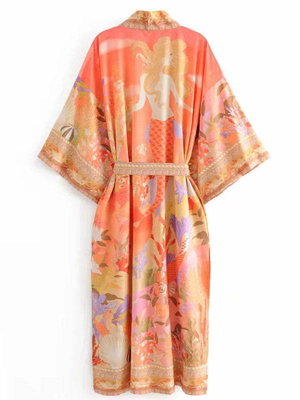 Evatrends cotton gown robe printed kimonos, Outerwear, Cotton, Viscose & Silk Mix , Nightwear, long kimono, Short Sleeves, loose fitting, Floral Print, Belted