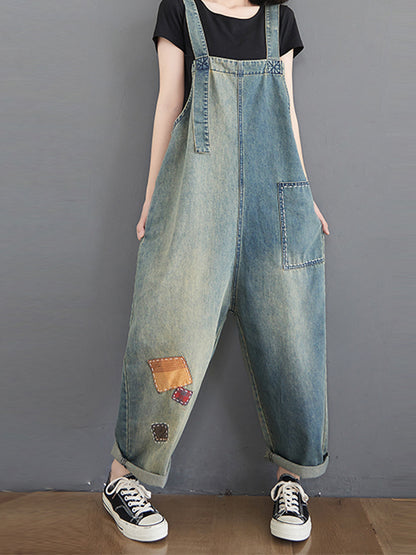 Dungarees cotton denim ripped jeans floral vintage retro style overall