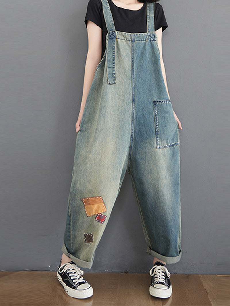 Dungarees cotton denim ripped jeans floral vintage retro style overall