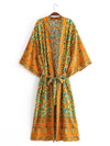 Evatrends cotton gown robe printed kimonos, Outerwear, Cotton, Viscose, Nightwear, long kimono, Broad sleeves with an armpit gap opening, loose fitting, Floral Bohemian Print, Belted