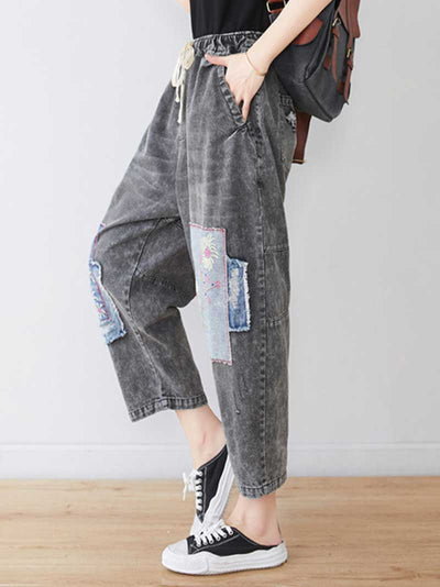 Evatrends Denim Pants, Bottom, Double side Pockets, Elastic Waist, Baggy Pants, Cropped Pant, Floral print