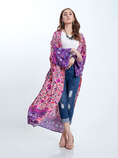 Evatrends cotton gown robe printed kimonos, Outerwear, Cotton, Nightwear, long kimono, Kimono Broad sleeves with armpit opening, loose fitting, Floral Print, Belted