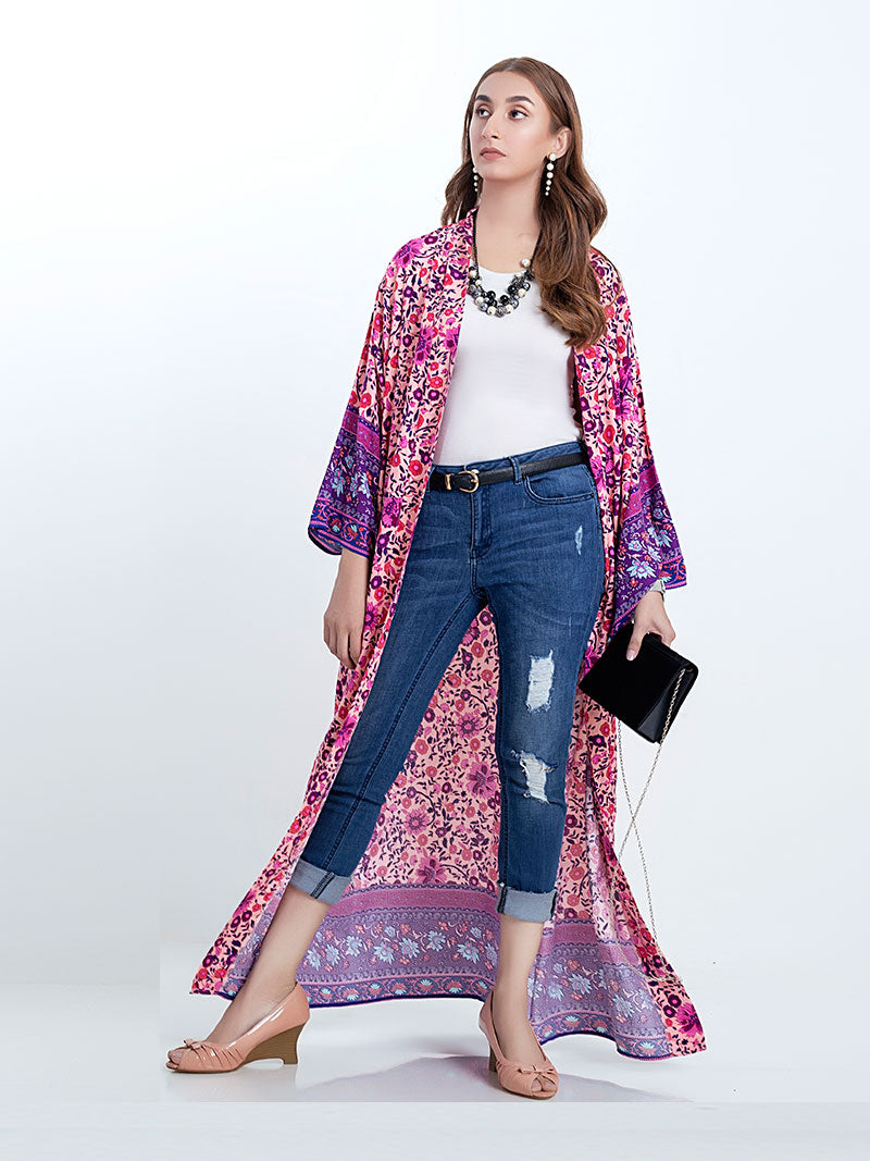 Evatrends cotton gown robe printed kimonos, Outerwear, Cotton, Nightwear, long kimono, Kimono Broad sleeves with armpit opening, loose fitting, Floral Print, Belted