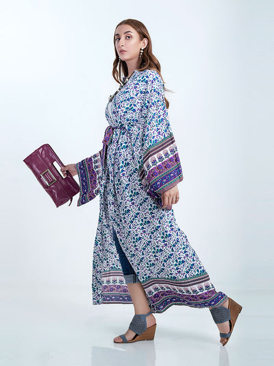Evatrends cotton gown robe printed kimonos, Outerwear, cotton, Nightwear, long kimono, Board Sleeves, loose fitting, Floral Print , Belted
