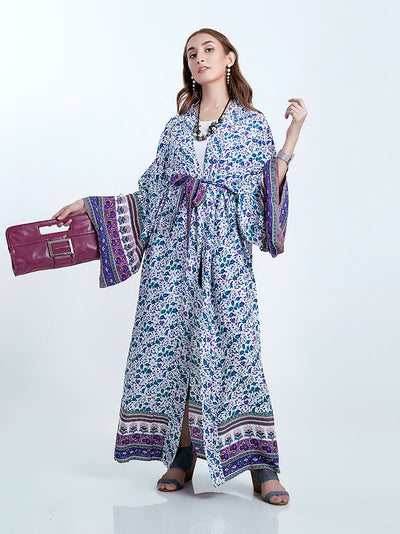 Evatrends cotton gown robe printed kimonos, Outerwear, cotton, Nightwear, long kimono, Board Sleeves, loose fitting, Floral Print , Belted