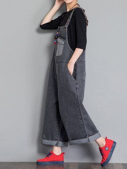 Dungarees cotton denim ripped jeans floral vintage retro style overall