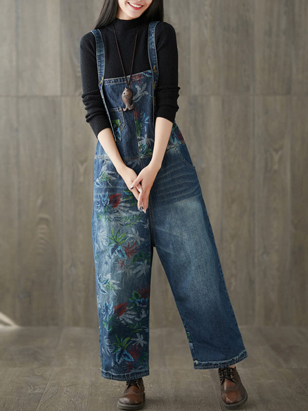 Dungarees cotton denim ripped jeans floral vintage retro style overall