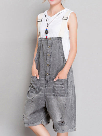 Dungarees cotton denim ripped jeans floral vintage retro style overall