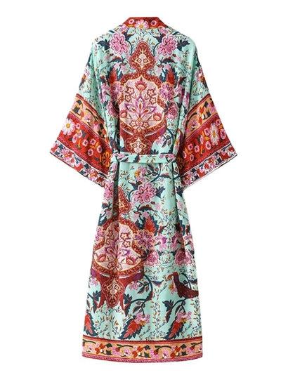 Evatrends cotton gown robe printed kimonos, Outerwear, Cotton, long sleeves, Nightwear, long kimono, Board Sleeves, Green, loose fitting, Printed, floral, belted, V-Collar