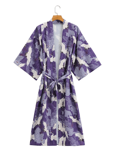 Evatrends cotton gown robe printed kimonos, Outerwear, Polyester, long sleeves, Birds print, Nightwear, long kimono, Board Sleeves, loose fitting, Printed, , belted
