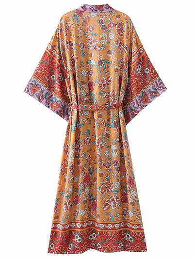 Evatrends cotton gown robe printed kimonos, Outerwear, cotton, Nightwear, plant flowers, long kimono, long Sleeves, floral print, loose fitting, printed, Belted