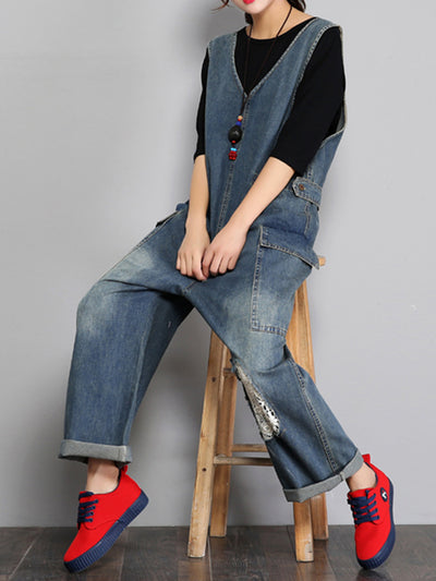 Dungarees cotton denim ripped jeans floral vintage retro style overall
