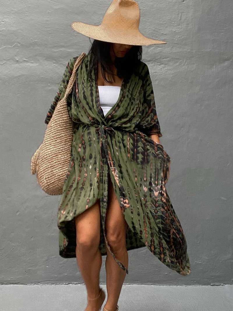 Evatrends cotton gown robe printed kimonos, Outerwear, Nightwear, Rayon, Board Sleeves, Different colors, Tie Dye print, Belted