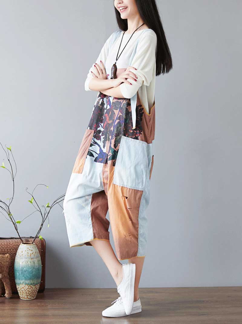 Colorblock Patch Cotton Overalls with Cropped Trousers