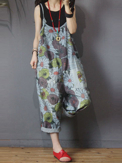 Dungarees, cotton denim, floral, vintage, retro style overall, Side Pockets, Craft Pockets