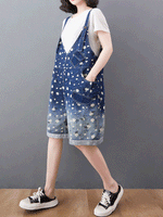 Knee-Length Floral Denim Dungaress - Deep V Bib Design