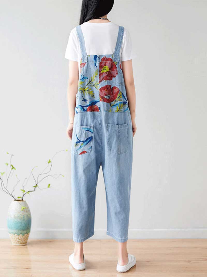 Dungarees cotton denim ripped jeans floral vintage retro style overall