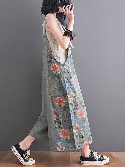 Dungarees cotton denim, Trouser, floral ,vintage retro style overall, double pockets, floral printed