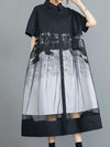 Printed Cotton Black Short Sleeve A-Line Dress
