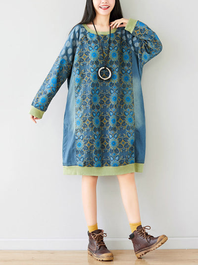 Crew Neck Printed Sweatshirt Dress