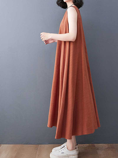 Plain Cotton Sleeveless Midi Dress